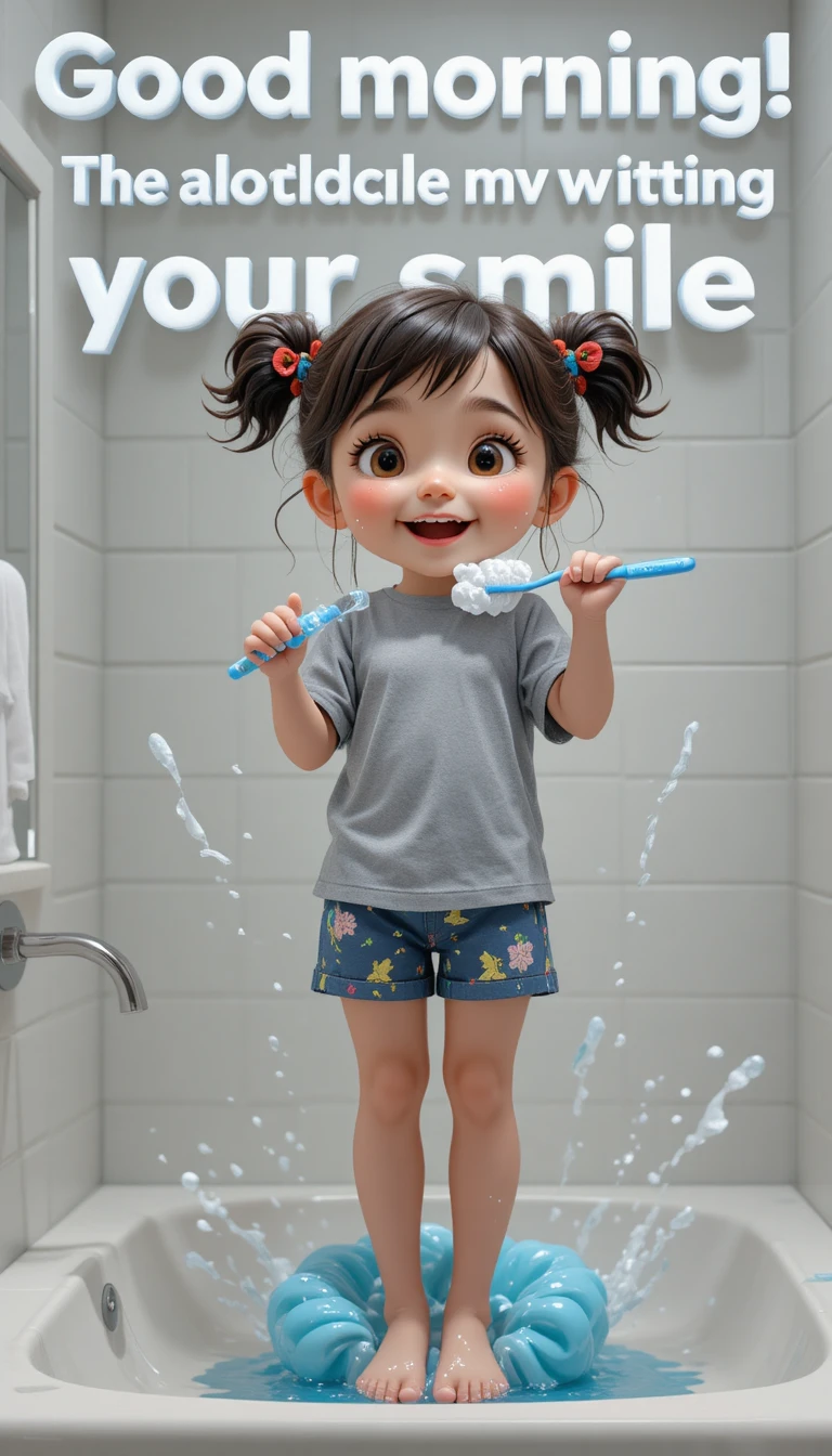 Smiling little girl brushing teeth in a 3D bathroom scene