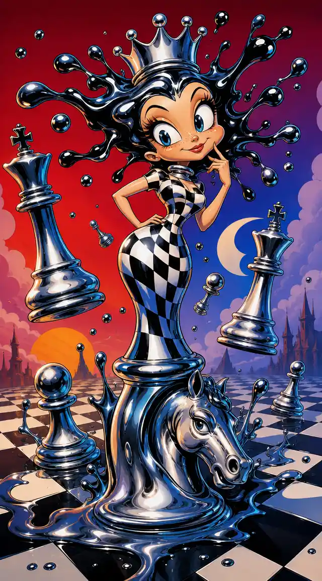 Garota rainha de xadrez em estilo cartoon surreal sobre tabuleiro líquido