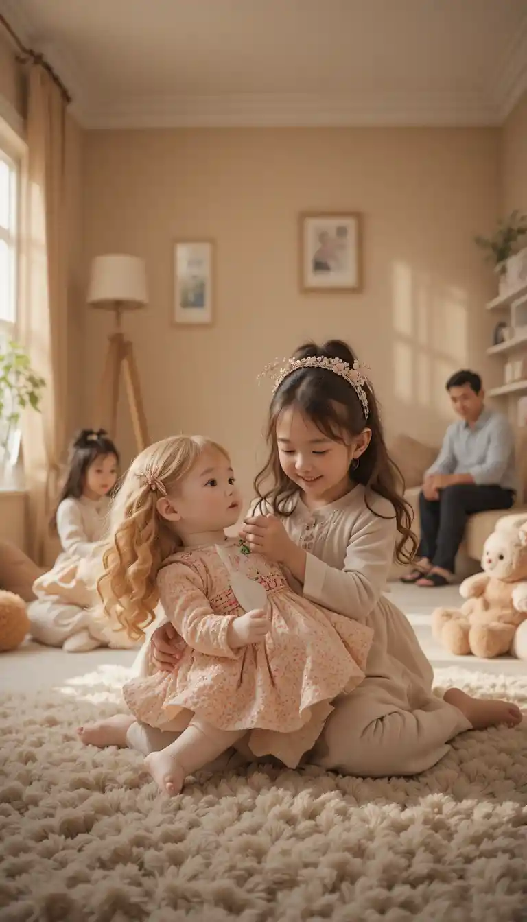 Girl playing with a large doll in a cozy living room