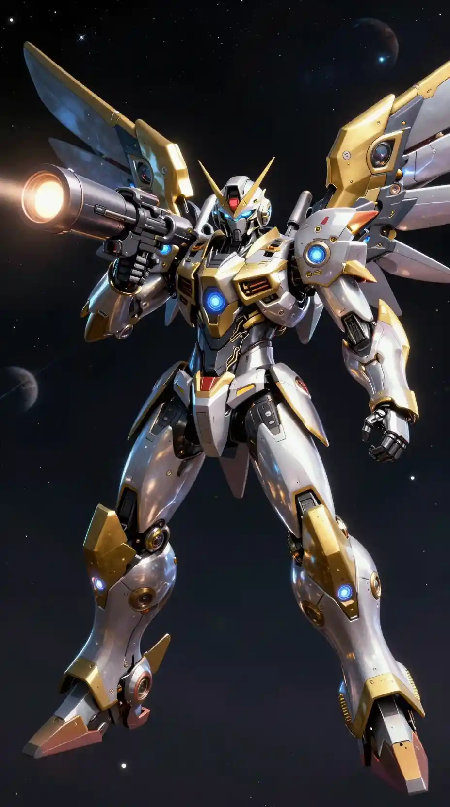 Cyberpunk combat robot aiming particle cannon in deep space