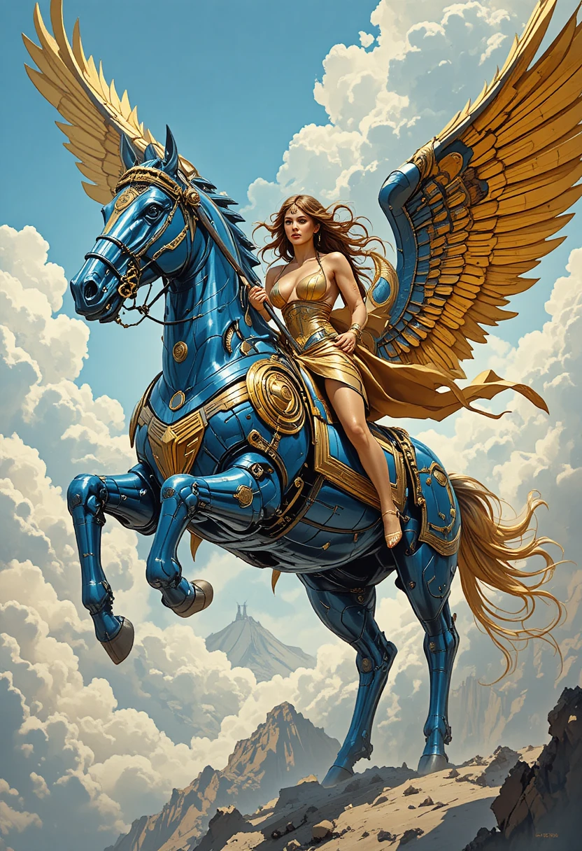 Golden armored Greek warrior on cybernetic winged horse