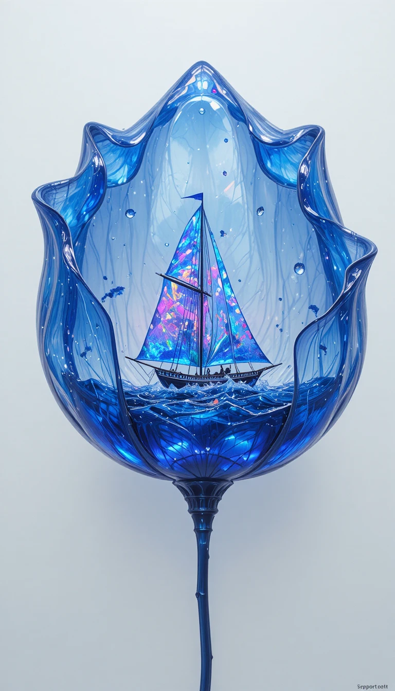 Holographic sailboat inside a transparent sapphire flower