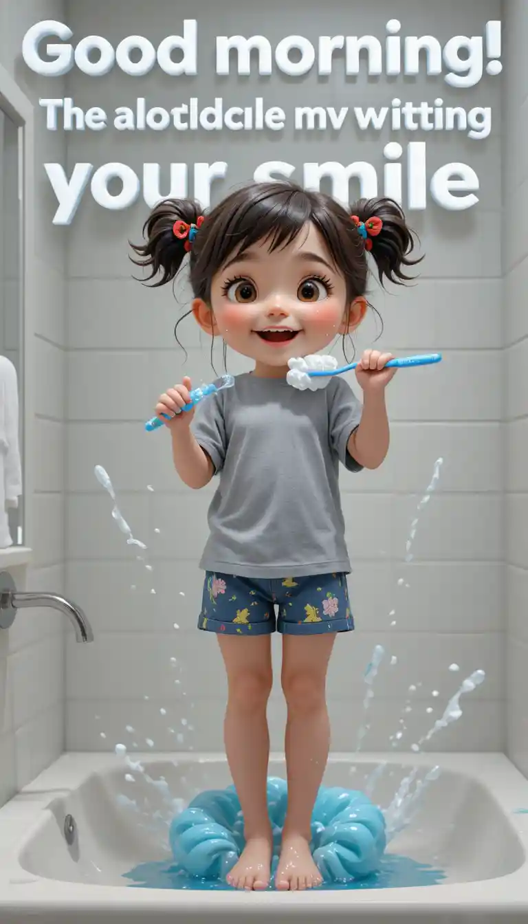 Smiling little girl brushing teeth in a 3D bathroom scene