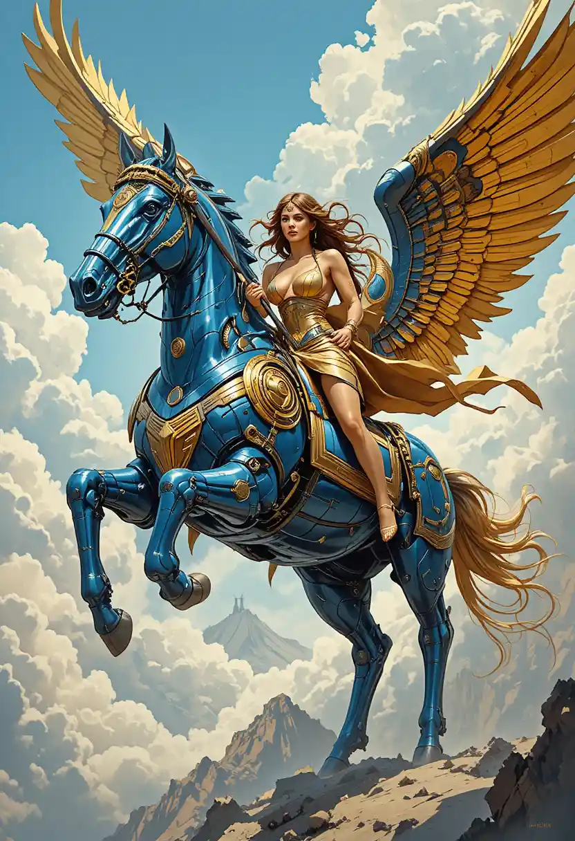 Golden armored Greek warrior on cybernetic winged horse