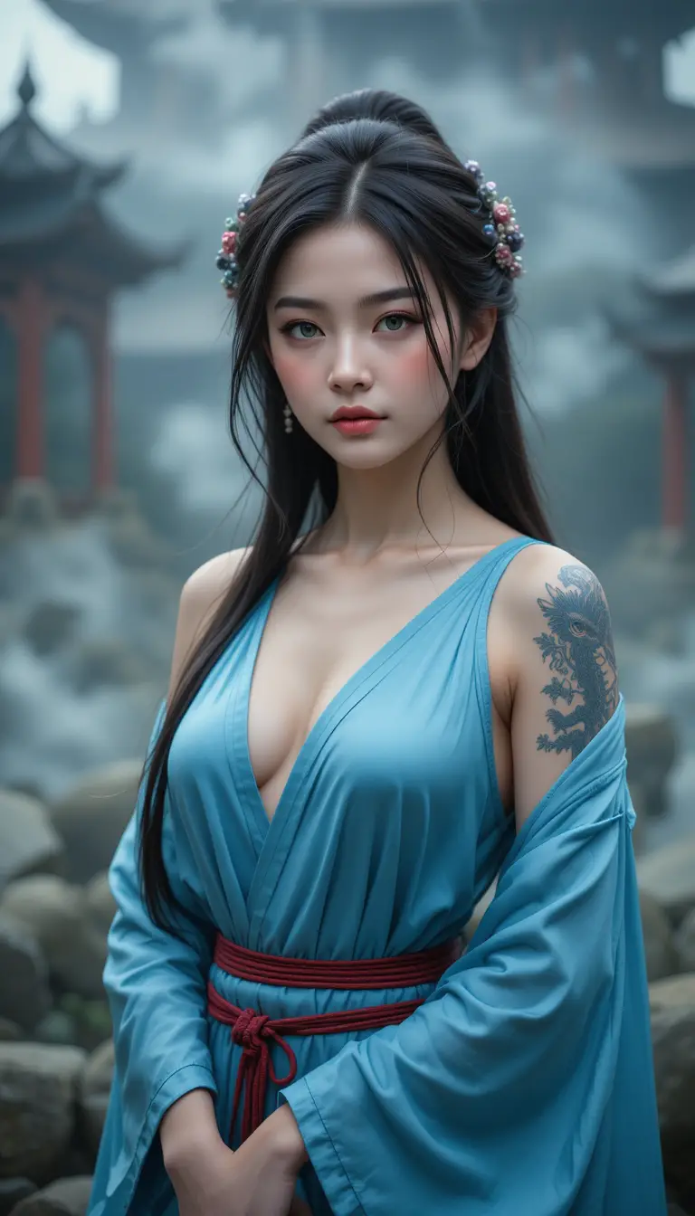 Asian woman in blue dress at misty buddhist temple