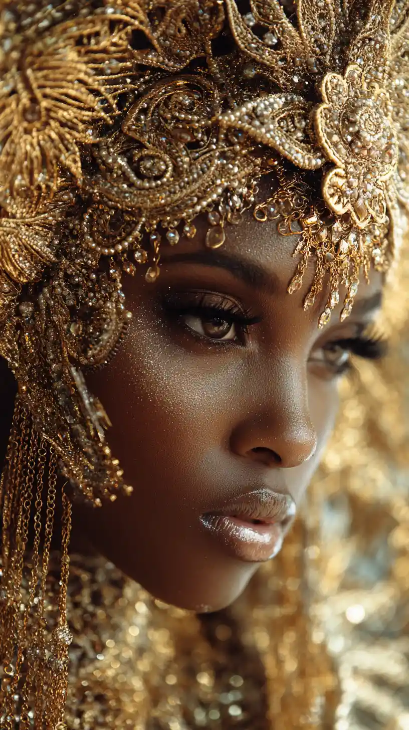 African woman in ornate golden headdress close up portrait