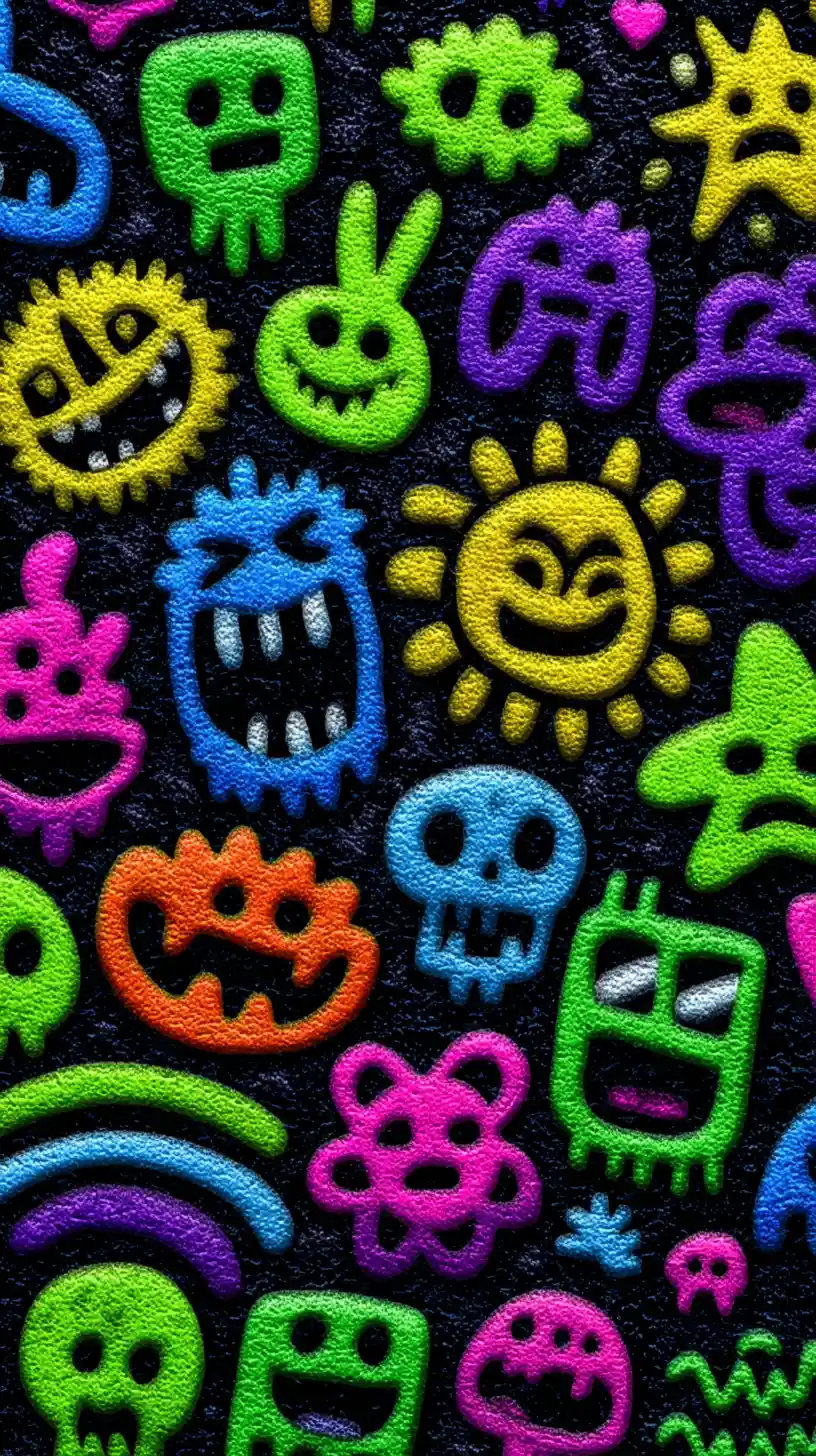 Neon-Fantasy-Doodle-Kreaturen auf schwarzem abstraktem Hintergrund