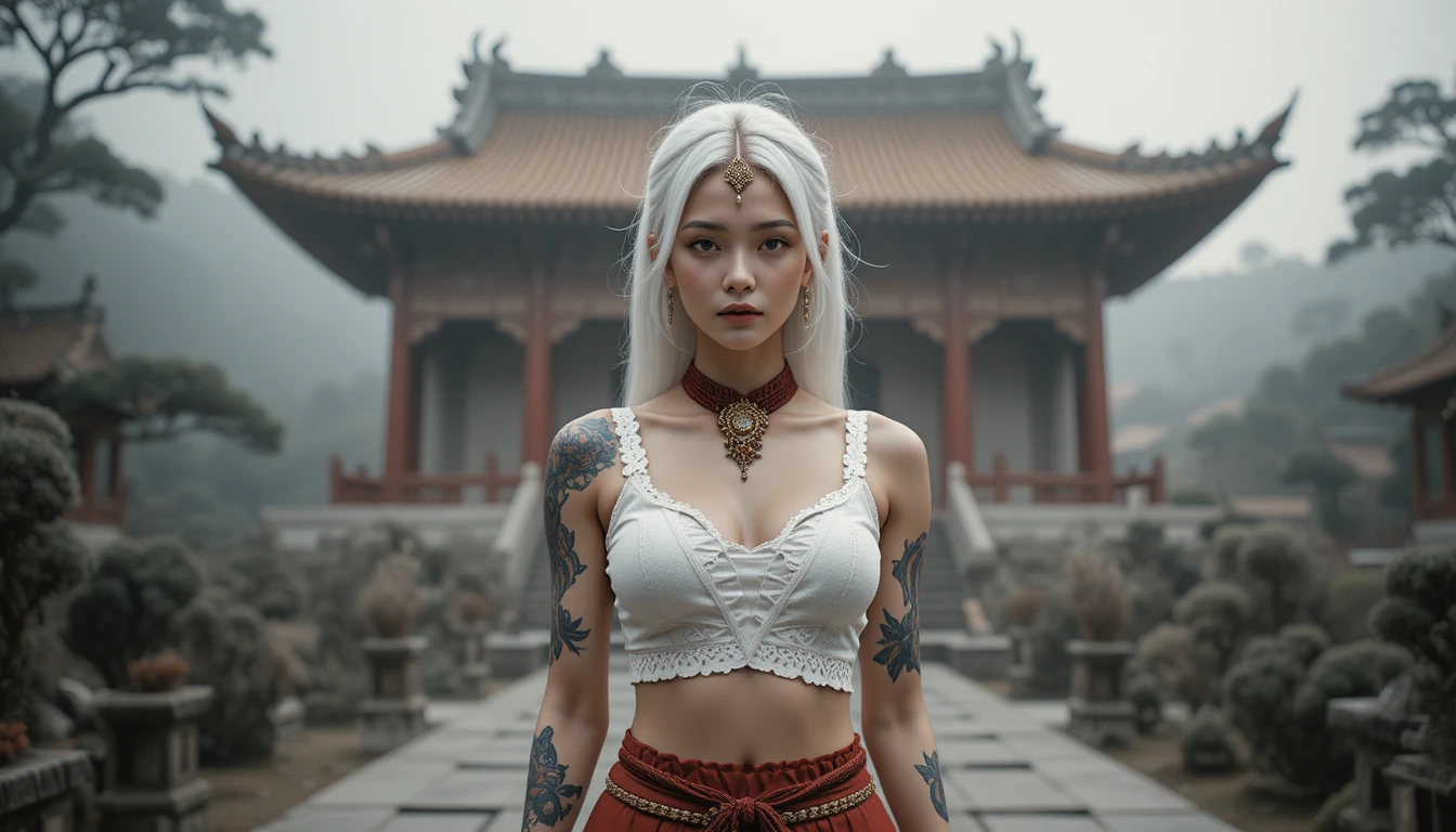 White haired asian woman in torn crop top at zen temple