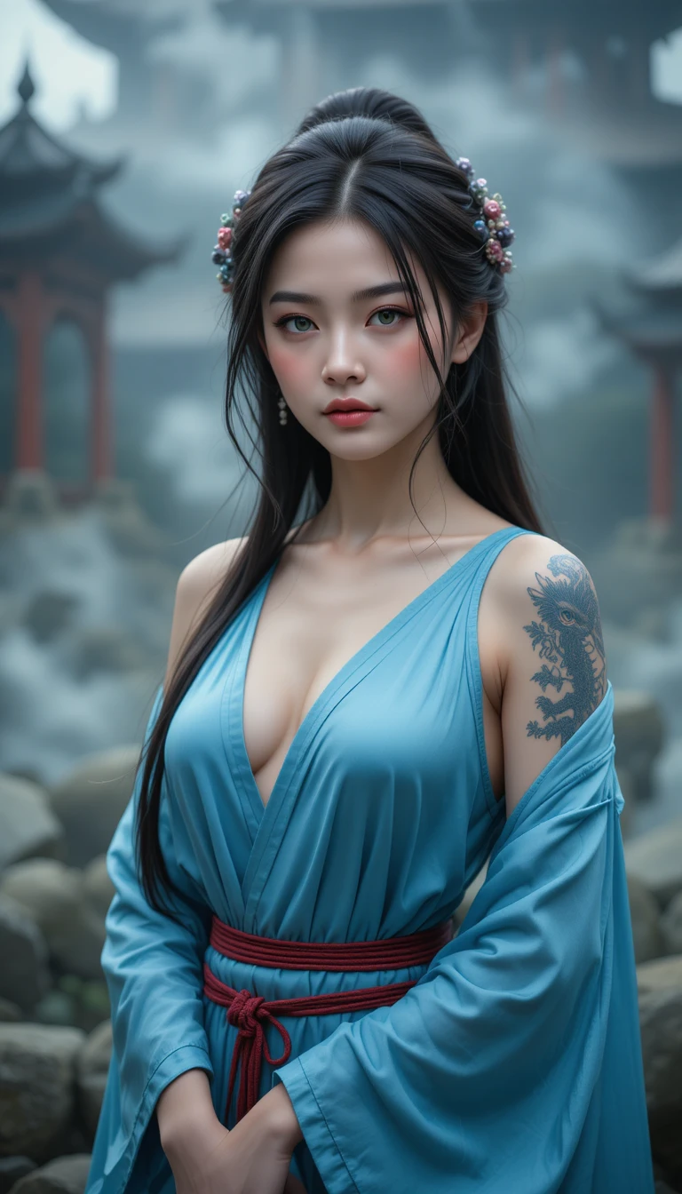 Asian woman in blue dress at misty buddhist temple