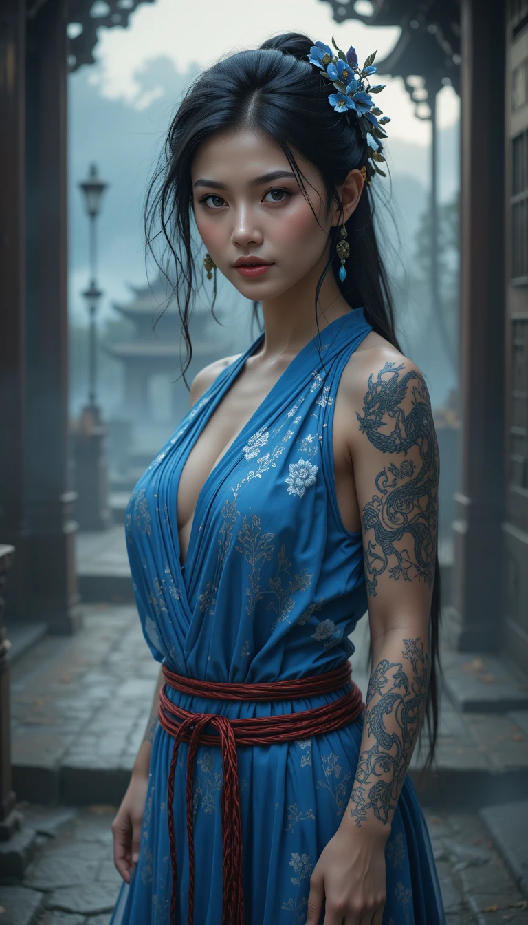 Asian woman in blue dress at misty buddhist temple