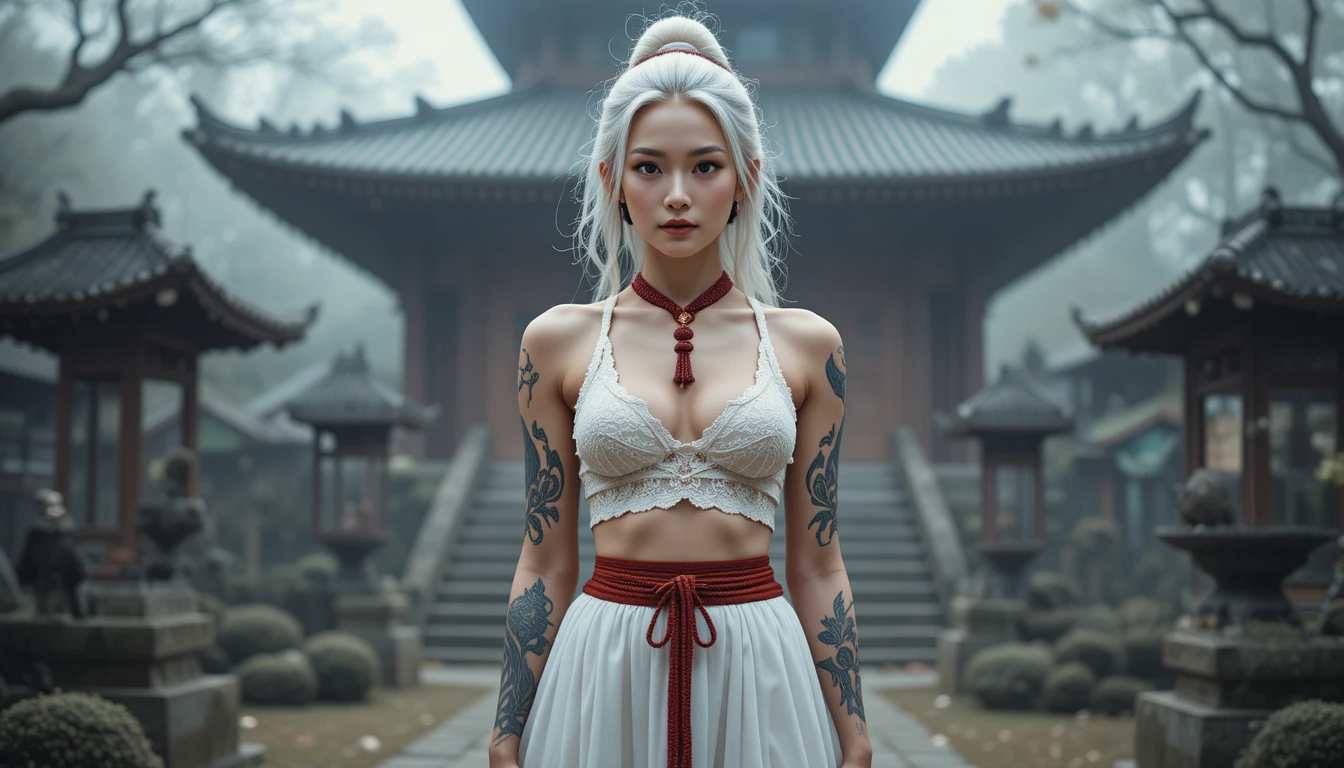 White haired asian woman in torn crop top at misty temple