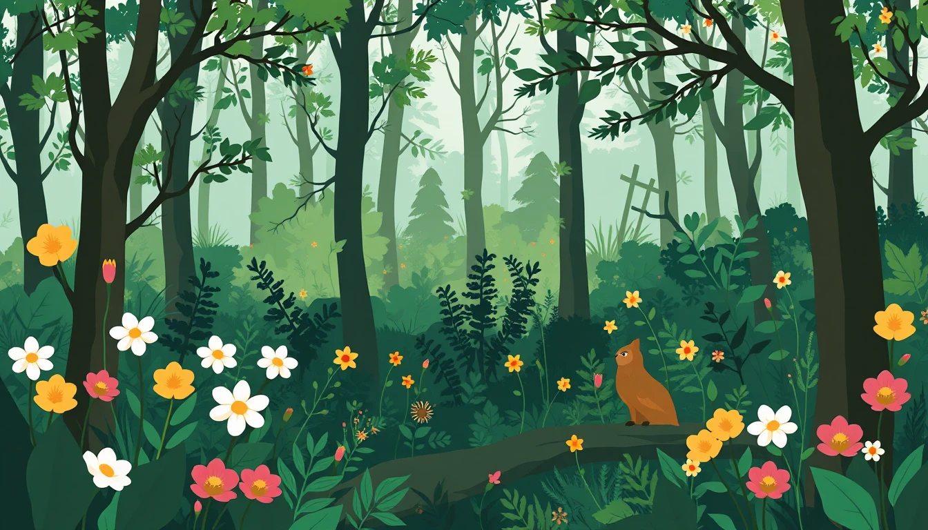 Cute bear cub in overalls in a flat forest illustration