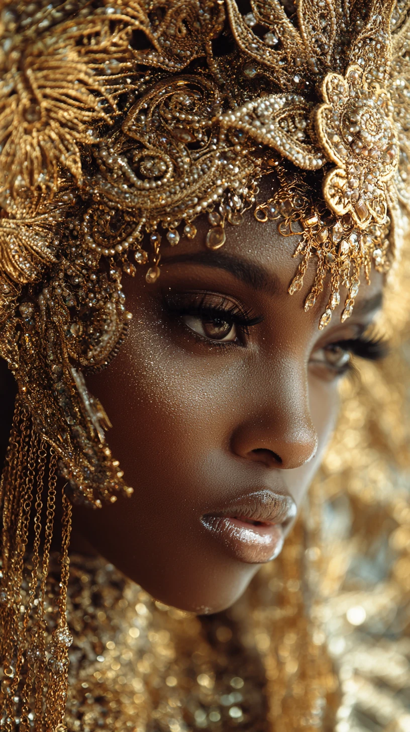 African woman in ornate golden headdress close up portrait