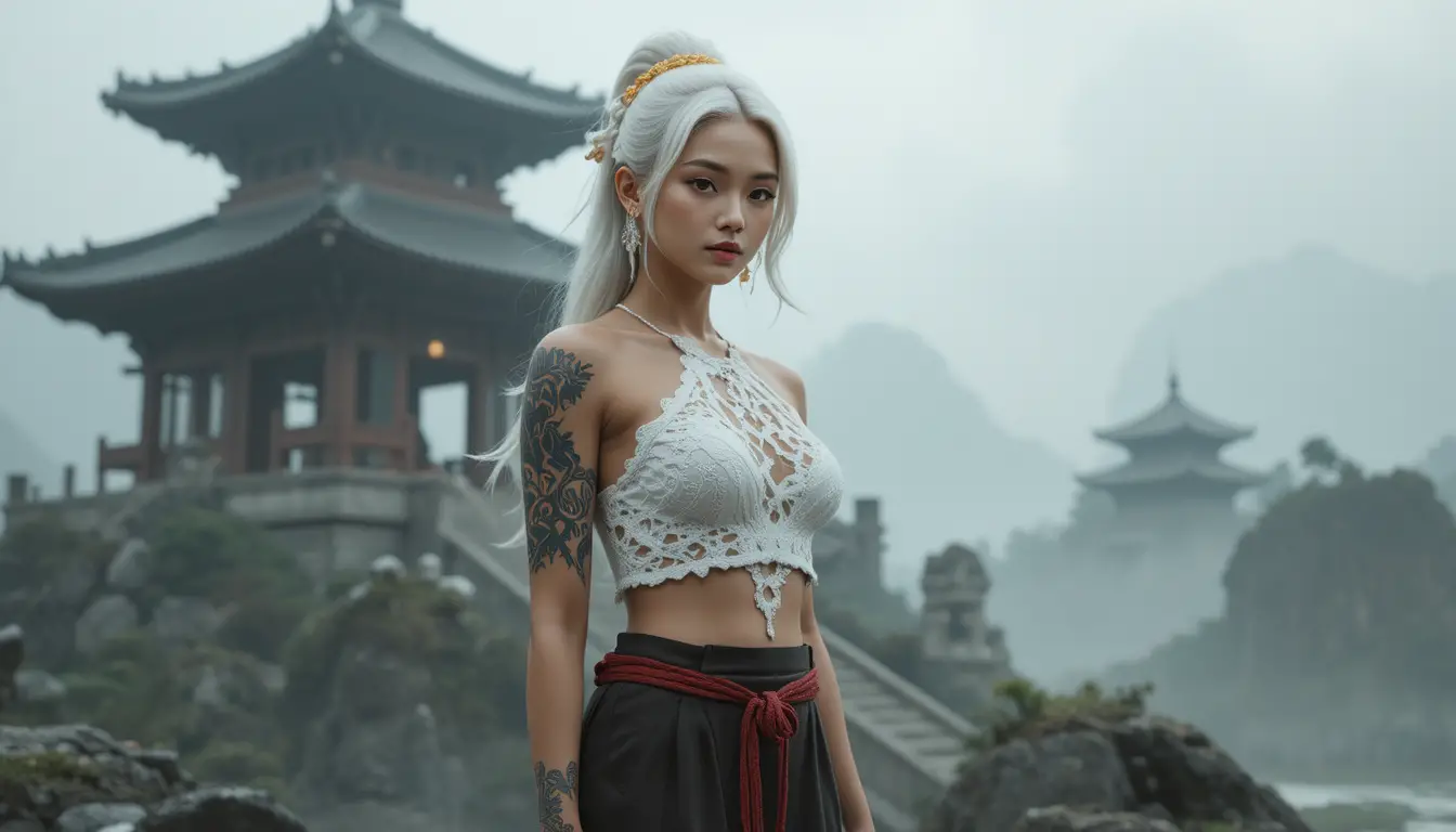 White haired asian woman in torn crop top at misty temple
