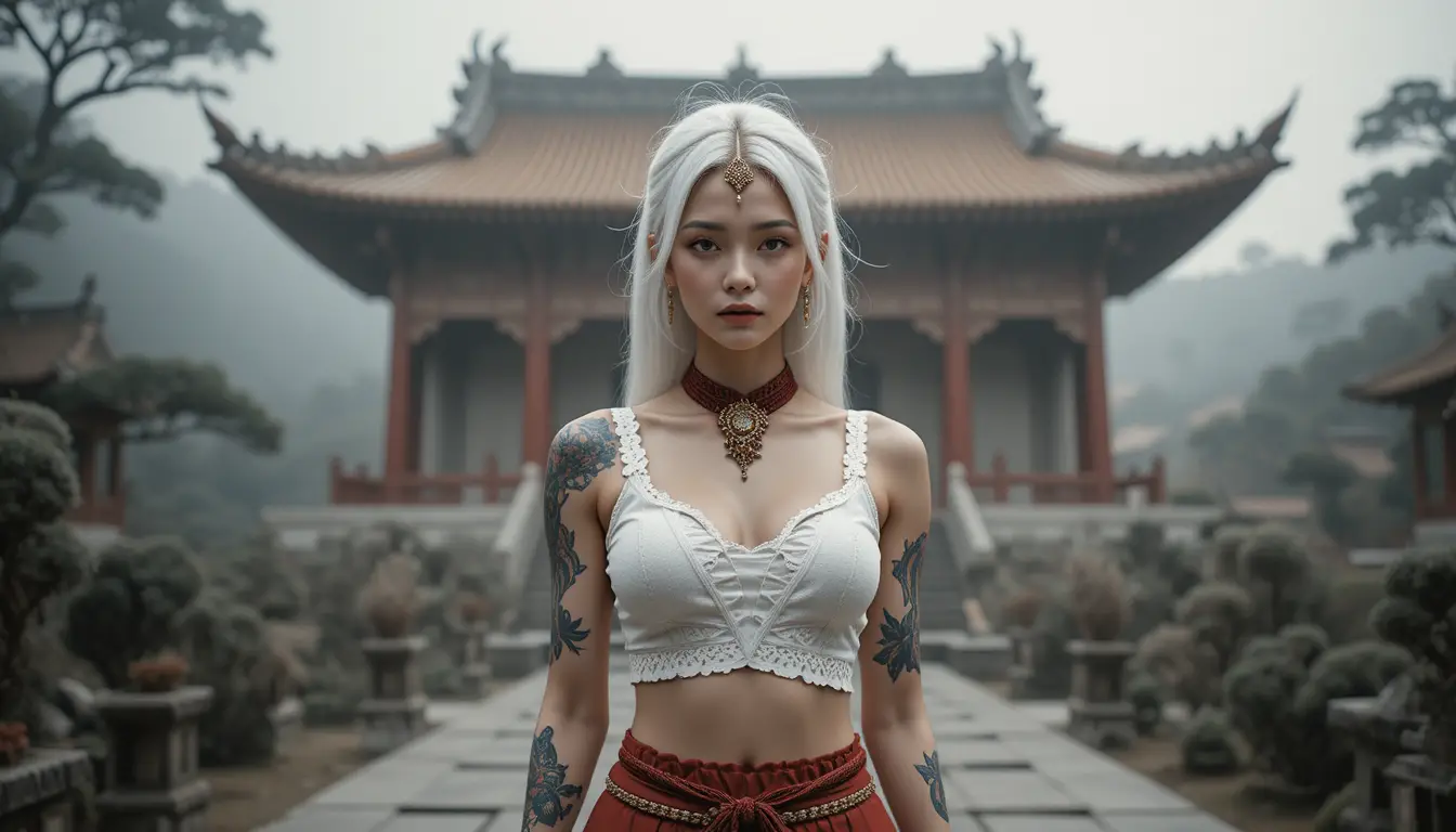 White haired asian woman in torn crop top at zen temple