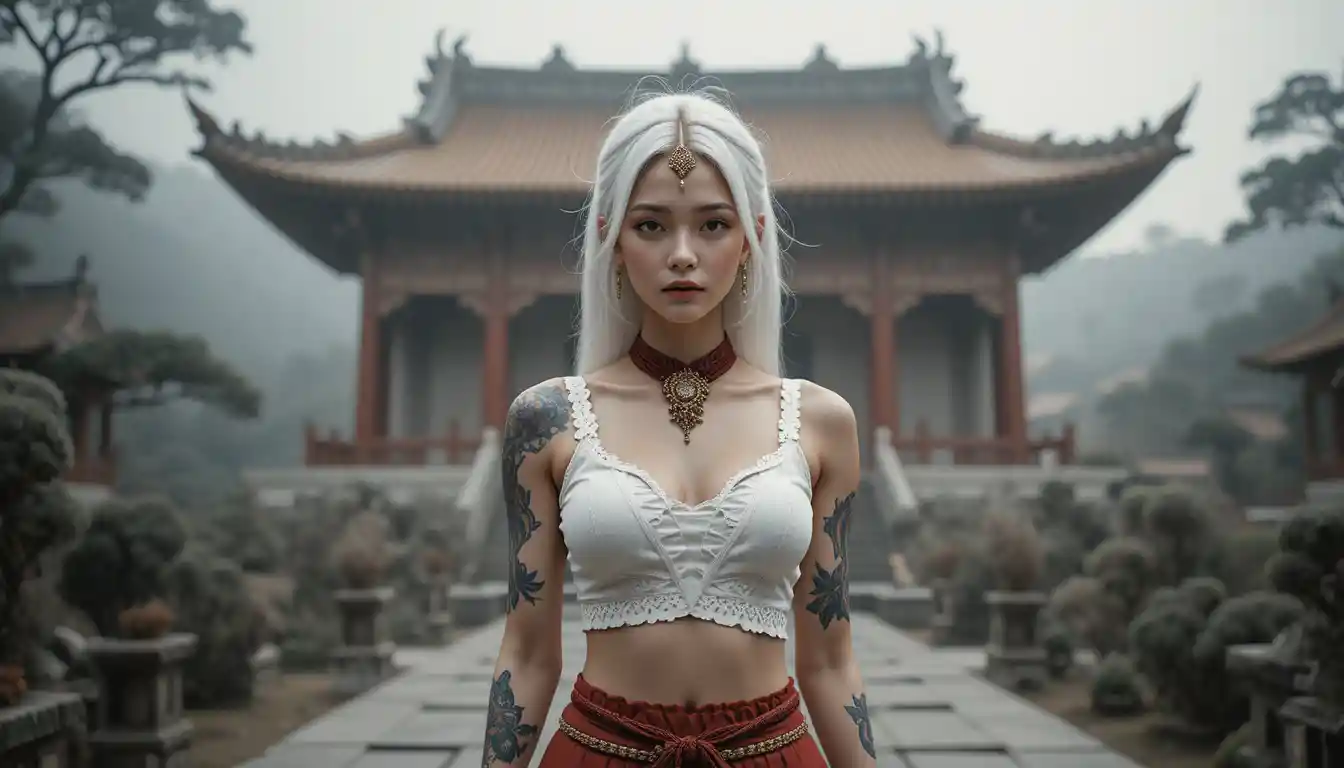 White haired asian woman in torn crop top at zen temple