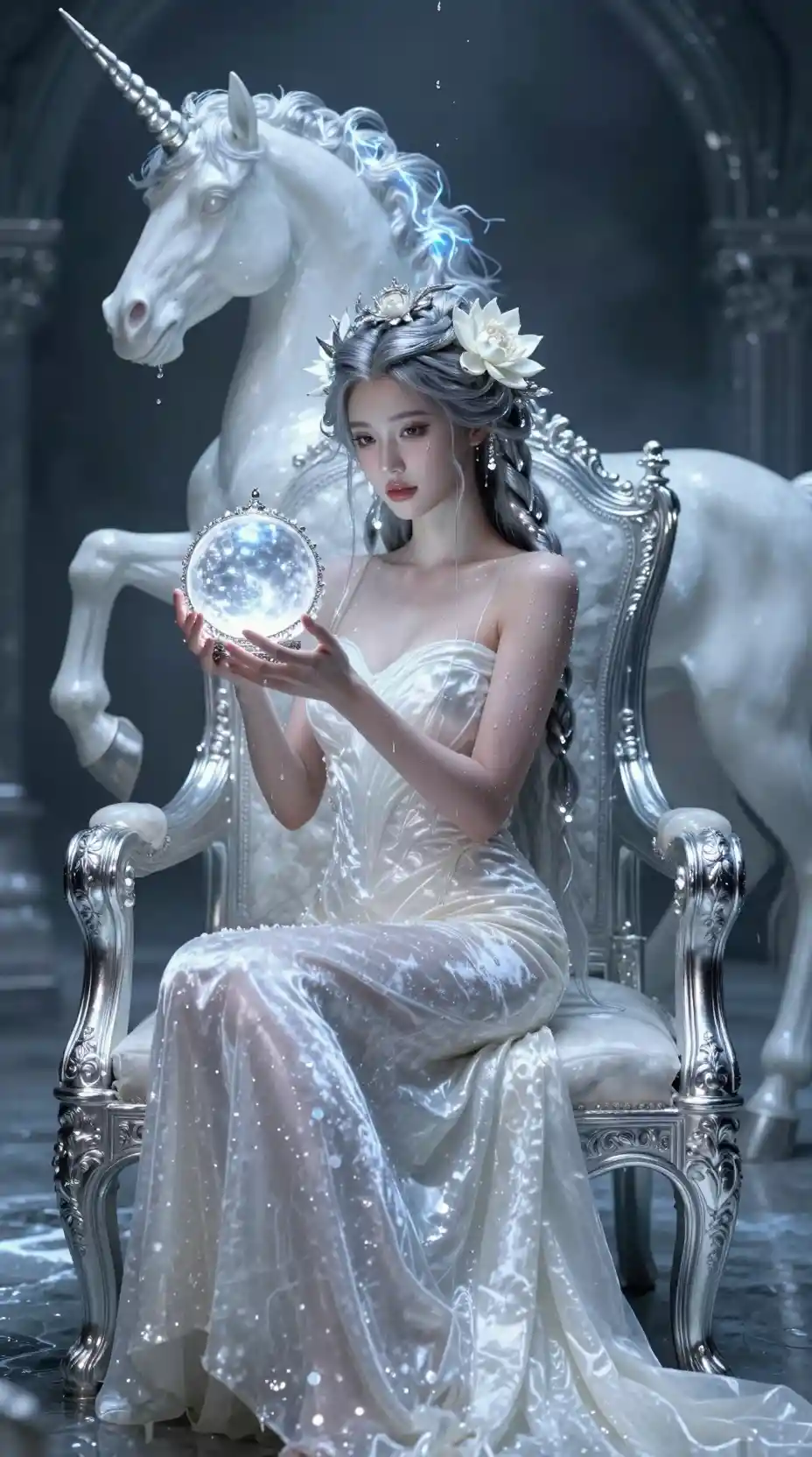 Regal woman on a moonstone throne under icy lunar light