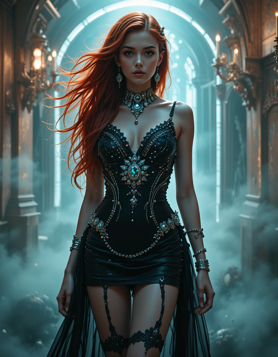 Glamorous fantasy sorceress in dark nightclub elegance