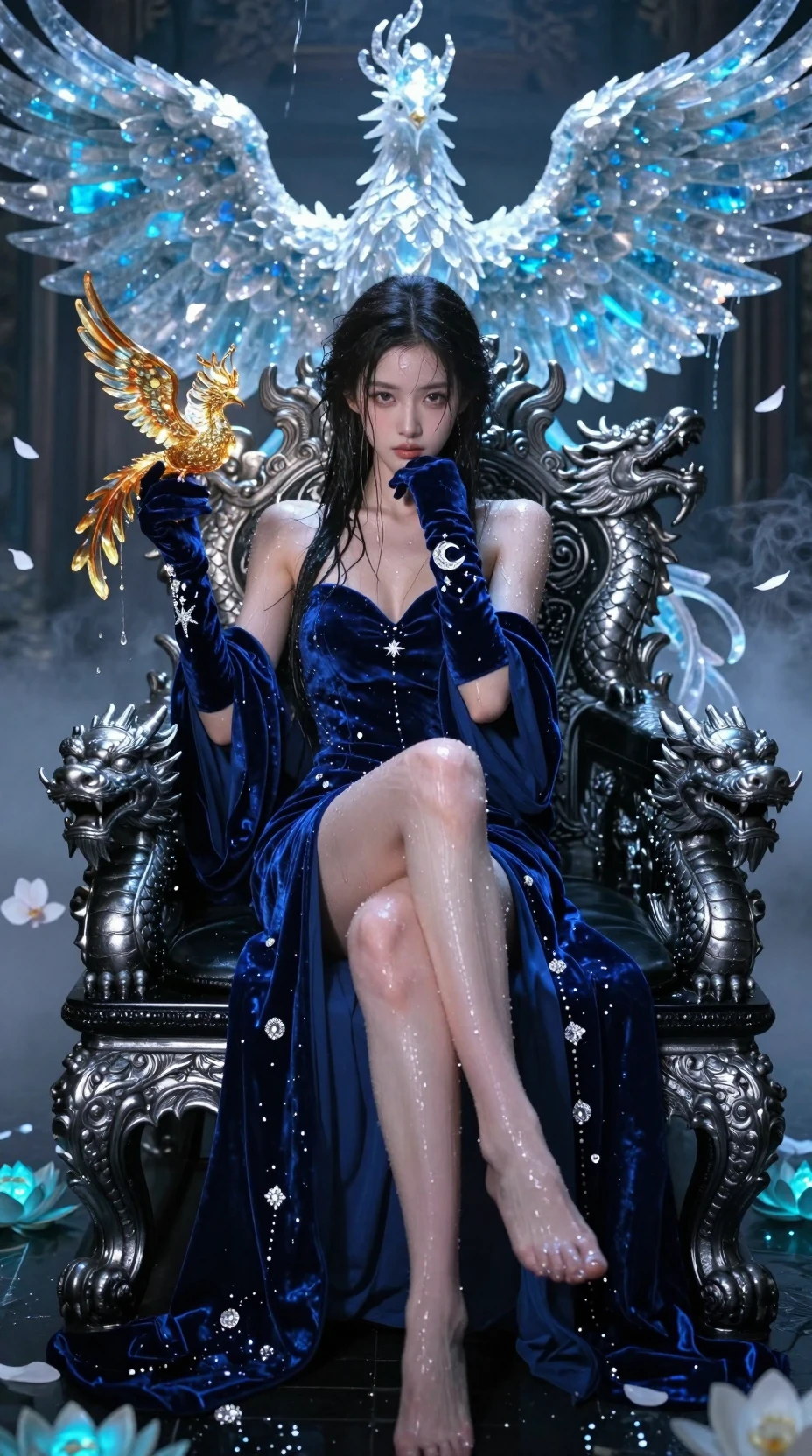 Ethereal queen on obsidian dragon throne in sapphire silk