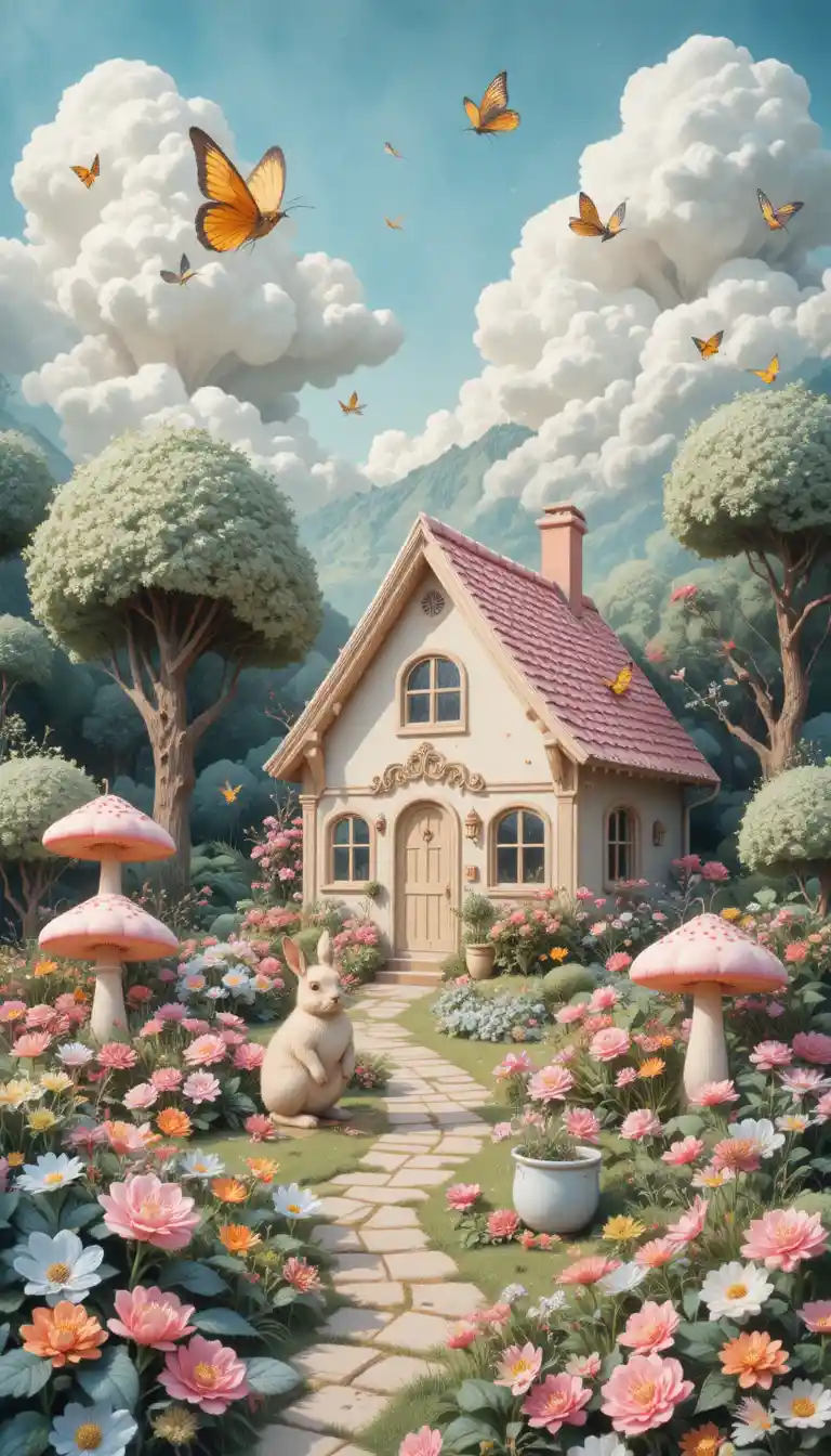 Cozy fairy tale garden with rabbit cottage and blossoms