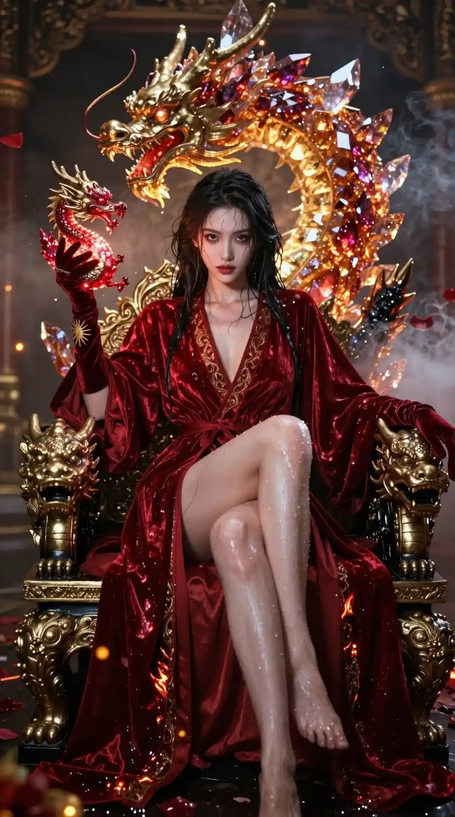 Regal fantasy woman on an obsidian dragon throne