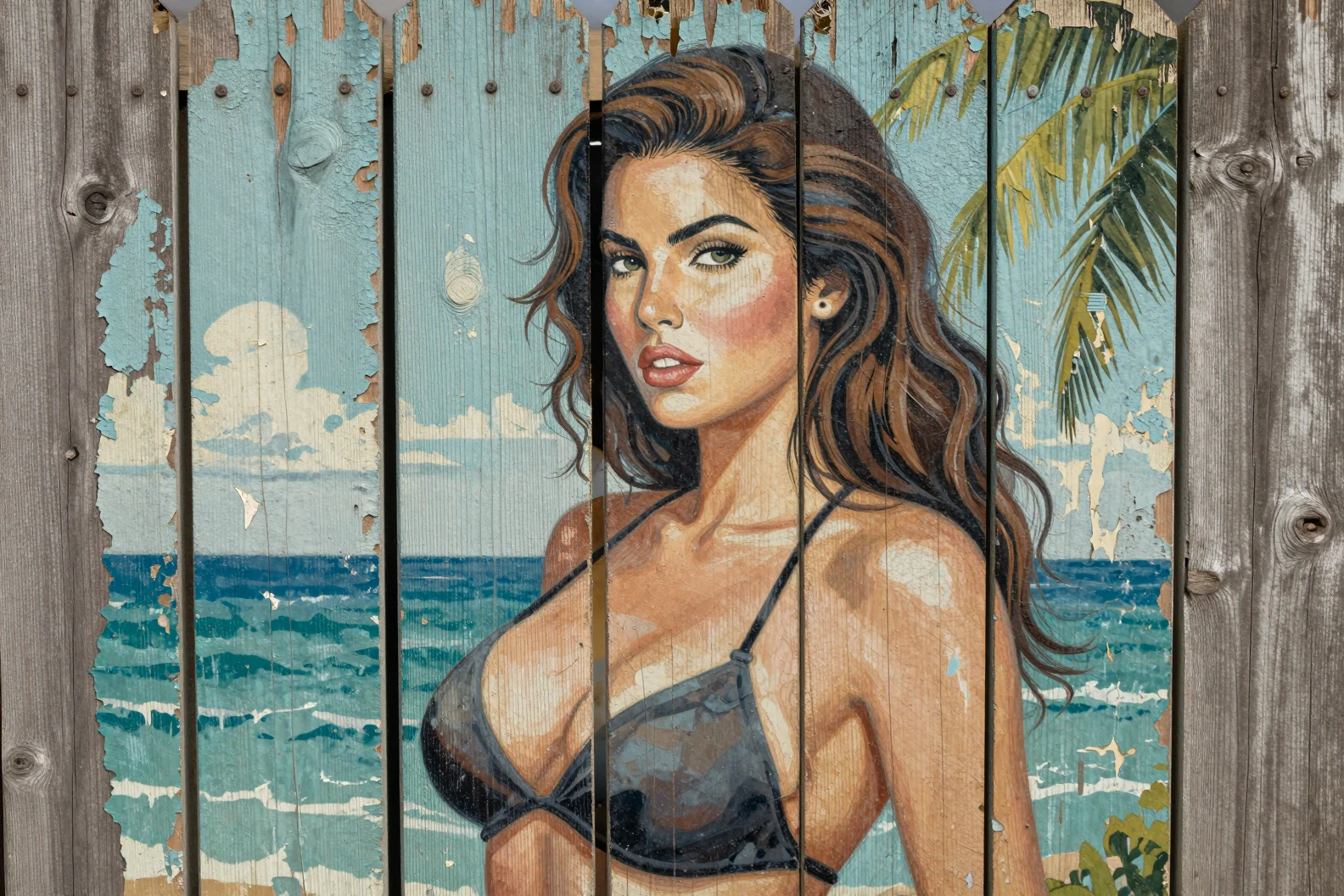 Faded mural of a bikini woman on weathered wooden fence