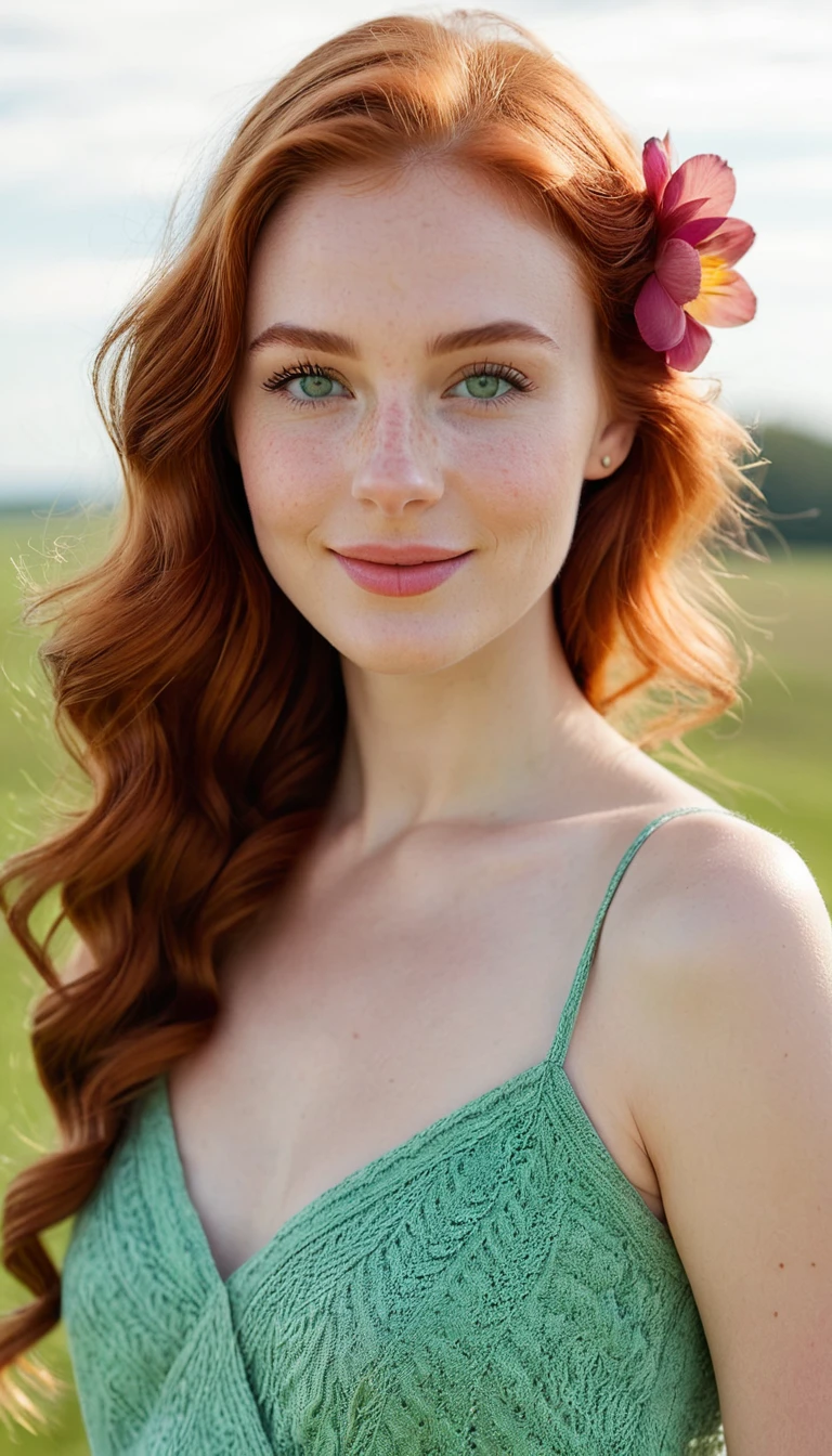 Smiling red haired woman in soft dawn outdoor portrait