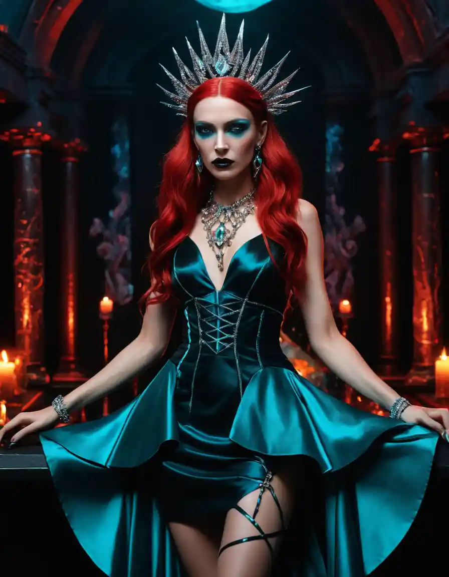 Mystical red haired sorceress in dark fairytale nightclub glamour