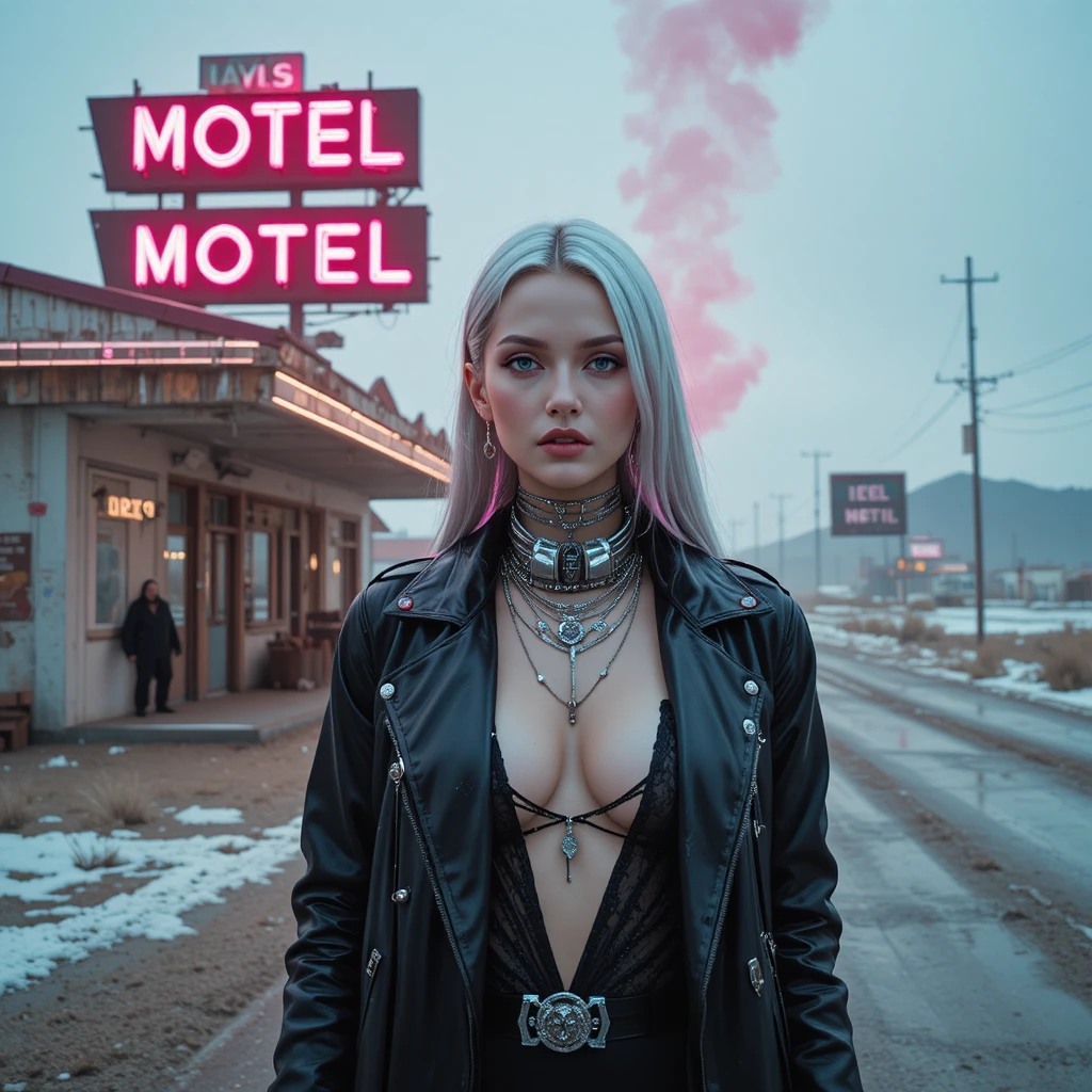 Cyberpunk outlaw queen on frozen desert highway