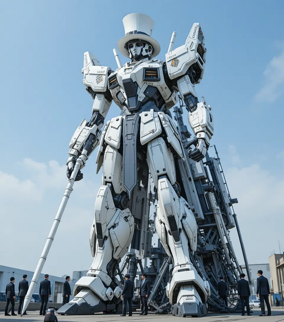 Elegante mecha bianco in smoking assemblato da ingegneri in abito