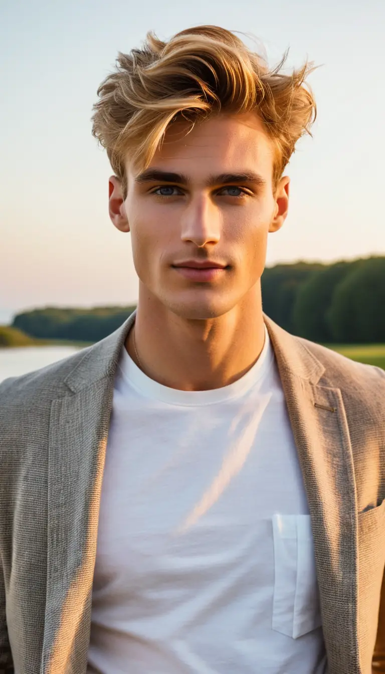 Tall young man in sunlight full body portrait outdoors