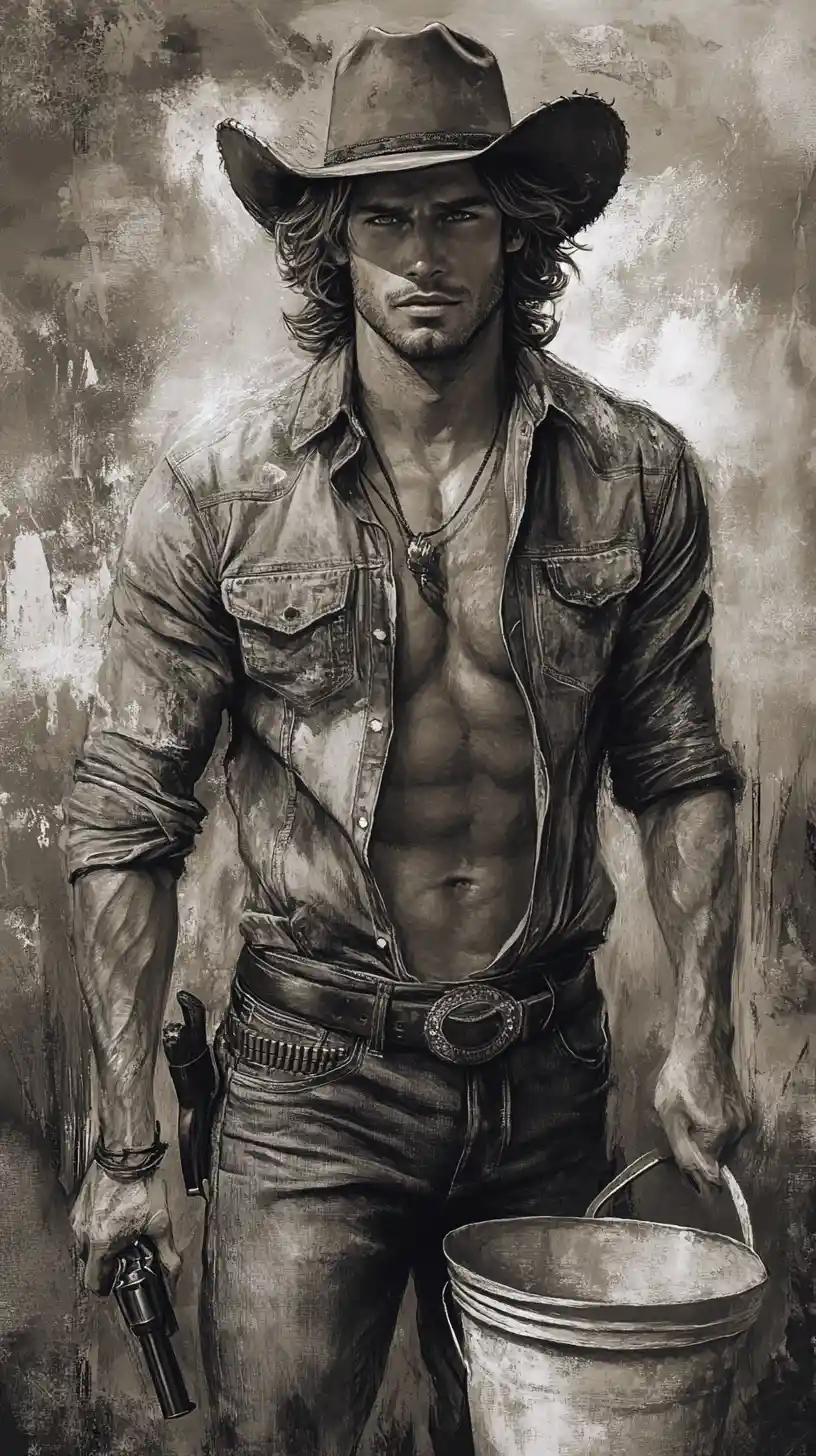 Dramatic cowboy with pistol and water bucket in monochrome