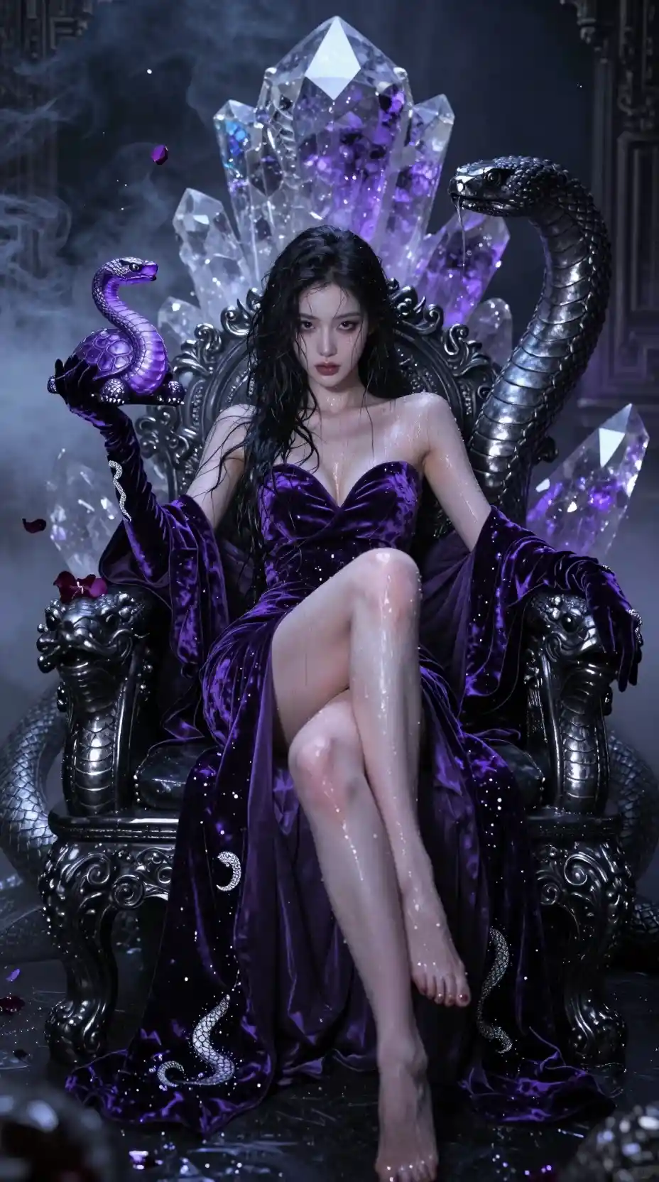 Regal fantasy woman on obsidian serpent throne in mist