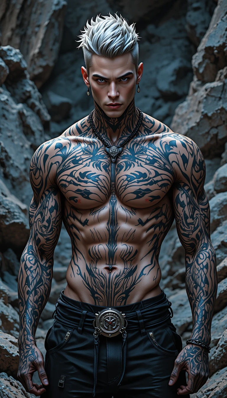 Silver haired tattooed man standing in rocky sunlight