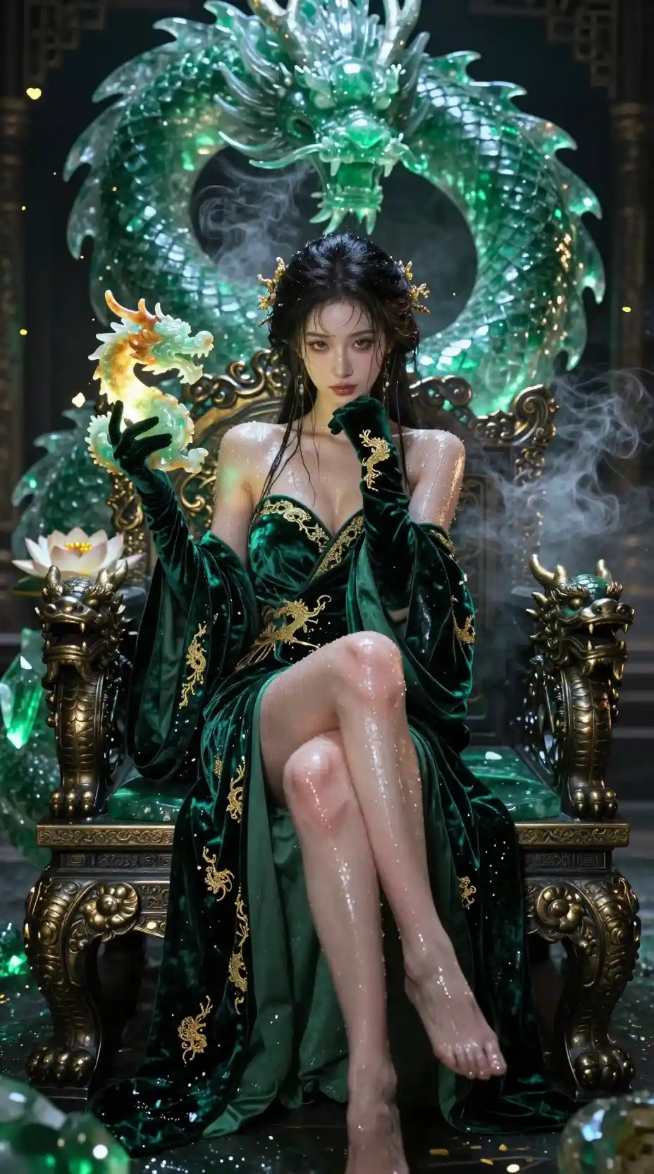 Emerald throned sovereign in wet green velvet robes