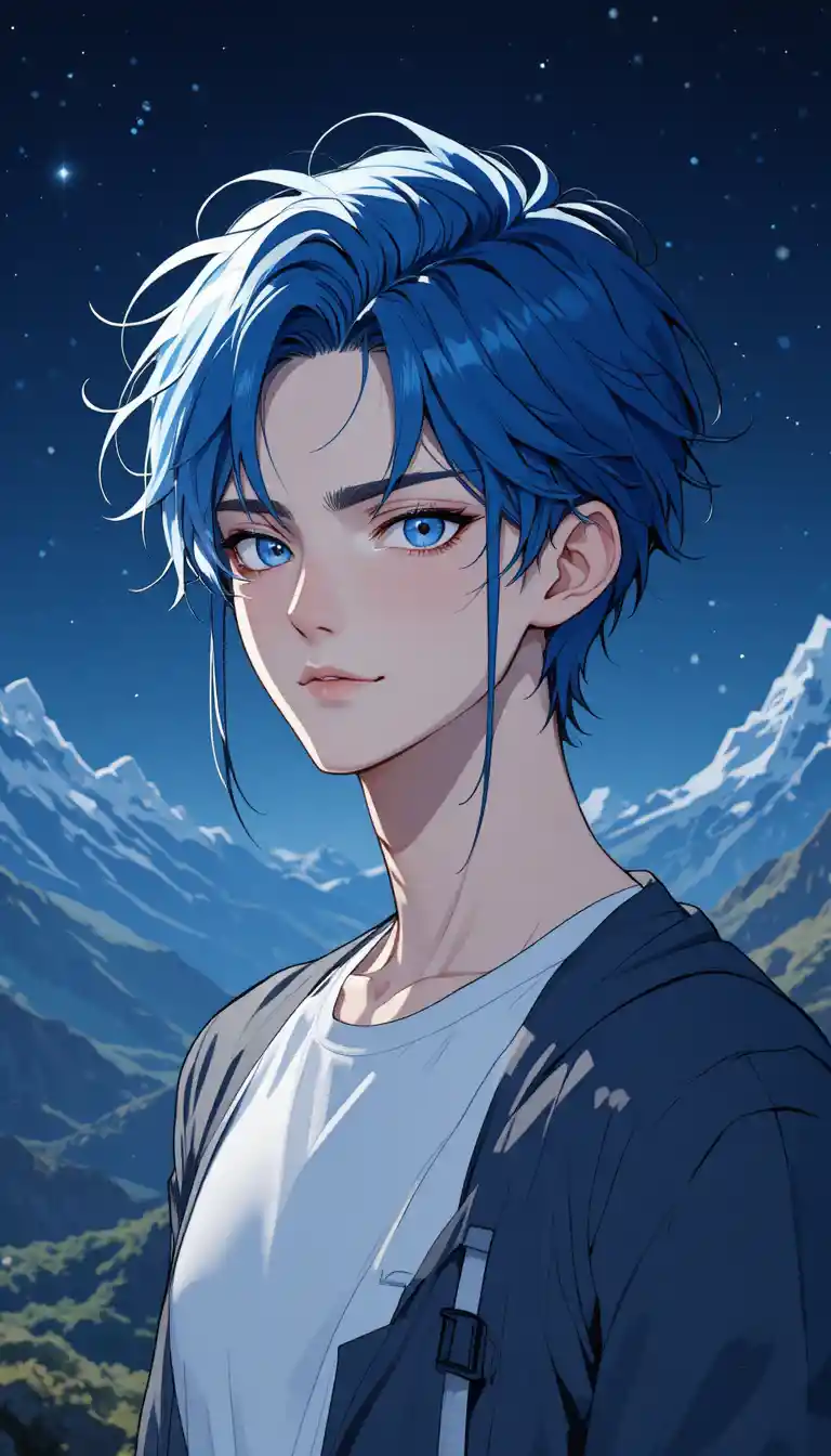 Uomo anime dai capelli blu sotto un cielo montano stellato