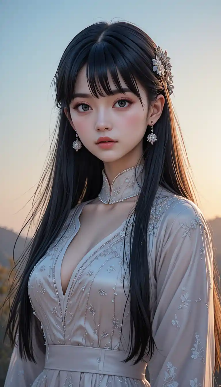 Elegant anime girl standing outdoors at golden hour