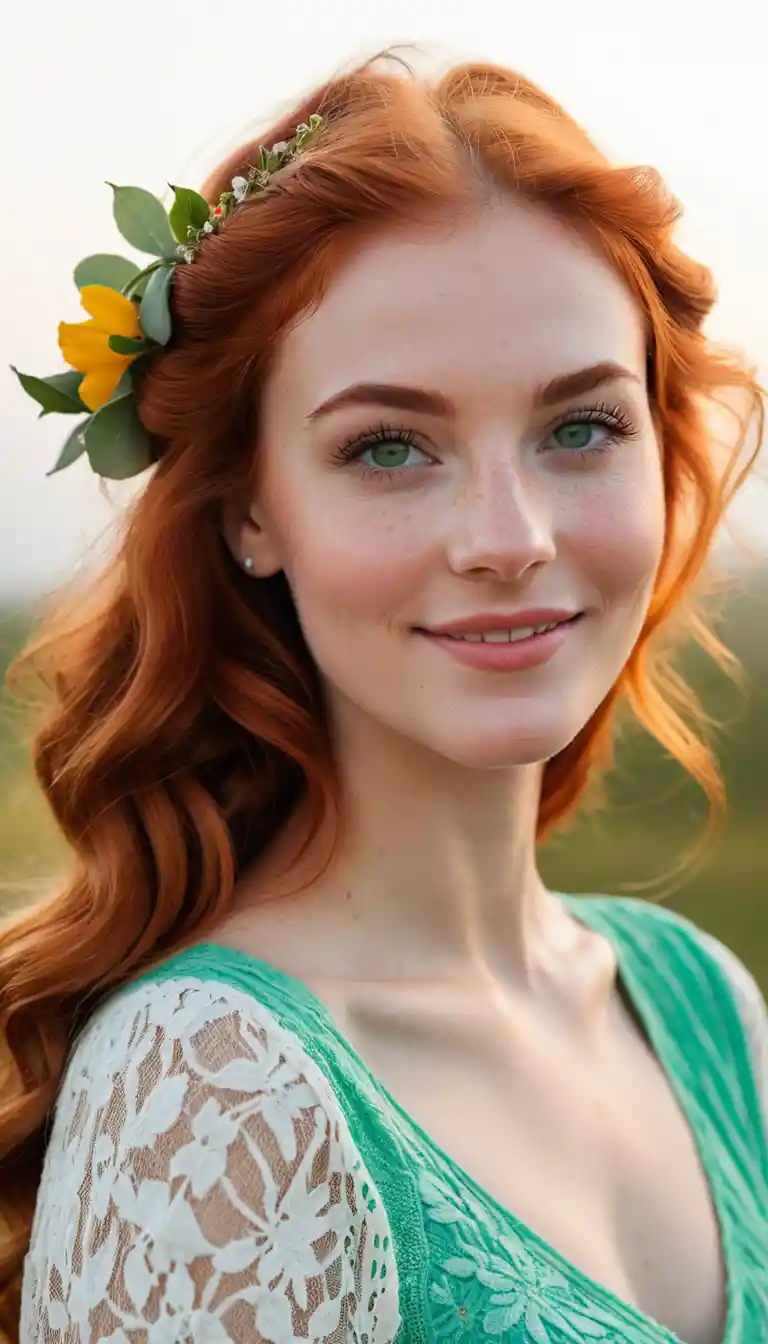 Smiling red haired woman in a full body outdoor portrait
