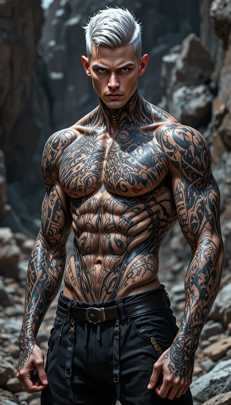Tattooed muscular man in rocky landscape with intense gaze