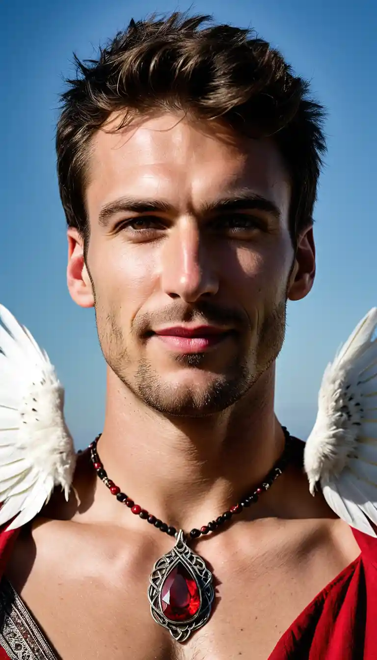 Fantasy man with two tone hair standing outdoors