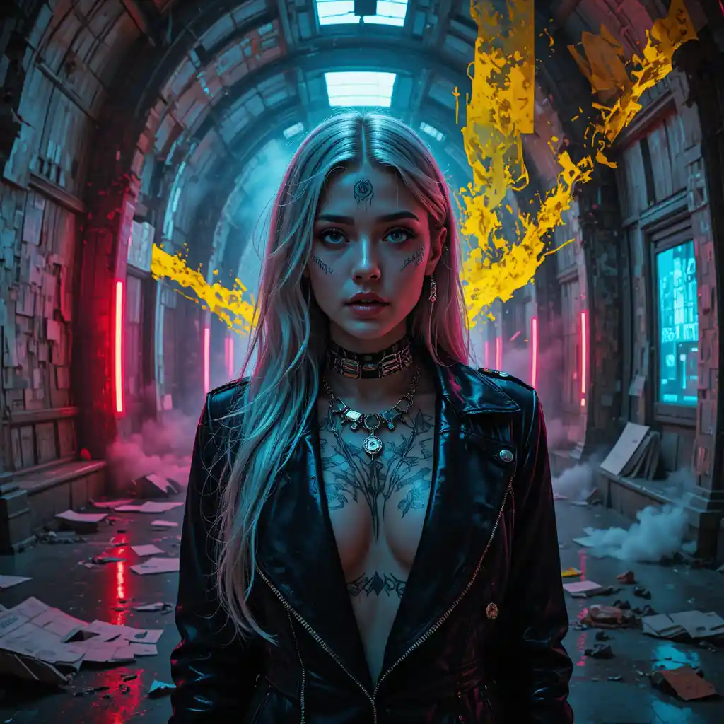 Cyberpunk portrait of a woman in a ruined neon cathedral
