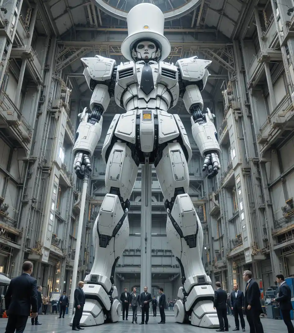 Giant tuxedo style mecha assembled in an underground hangar