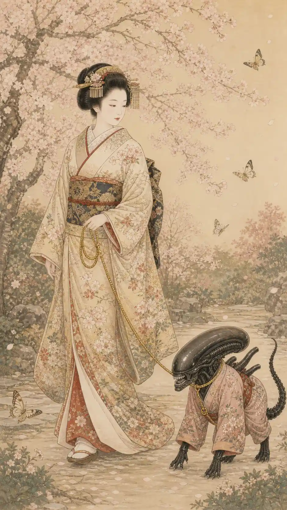 Elegant noblewoman strolling through a serene imperial garden