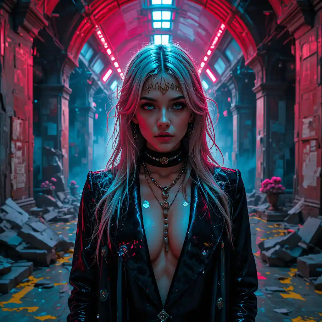 Surreal neon portrait of a woman in a ruined cathedral
