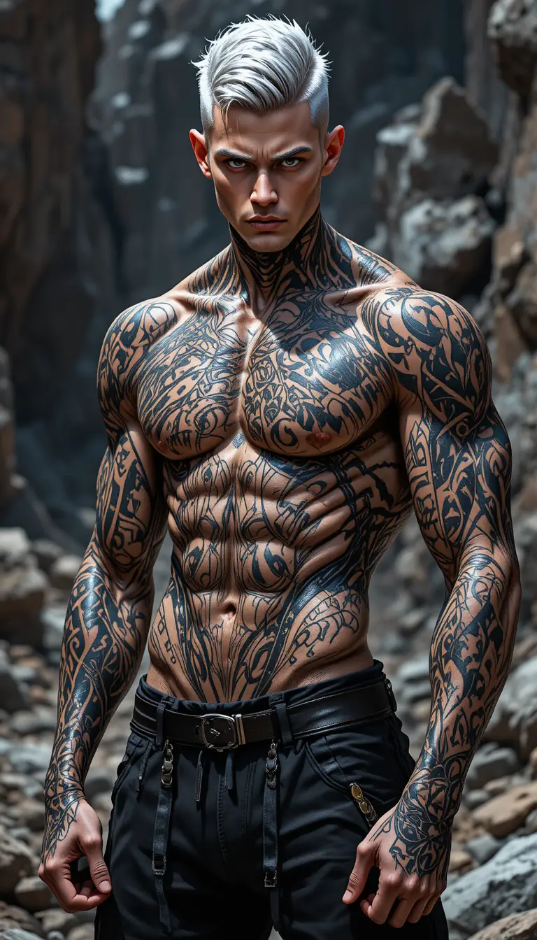Tattooed muscular man in rocky landscape with intense gaze