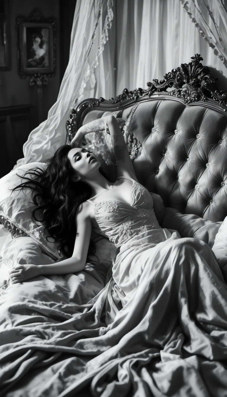 Woman reclining on an antique bed in soft monochrome tones