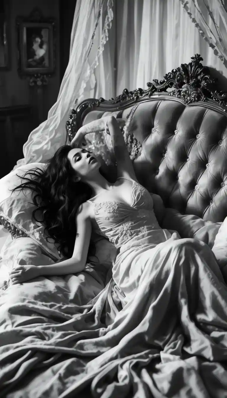 Woman reclining on an antique bed in soft monochrome tones