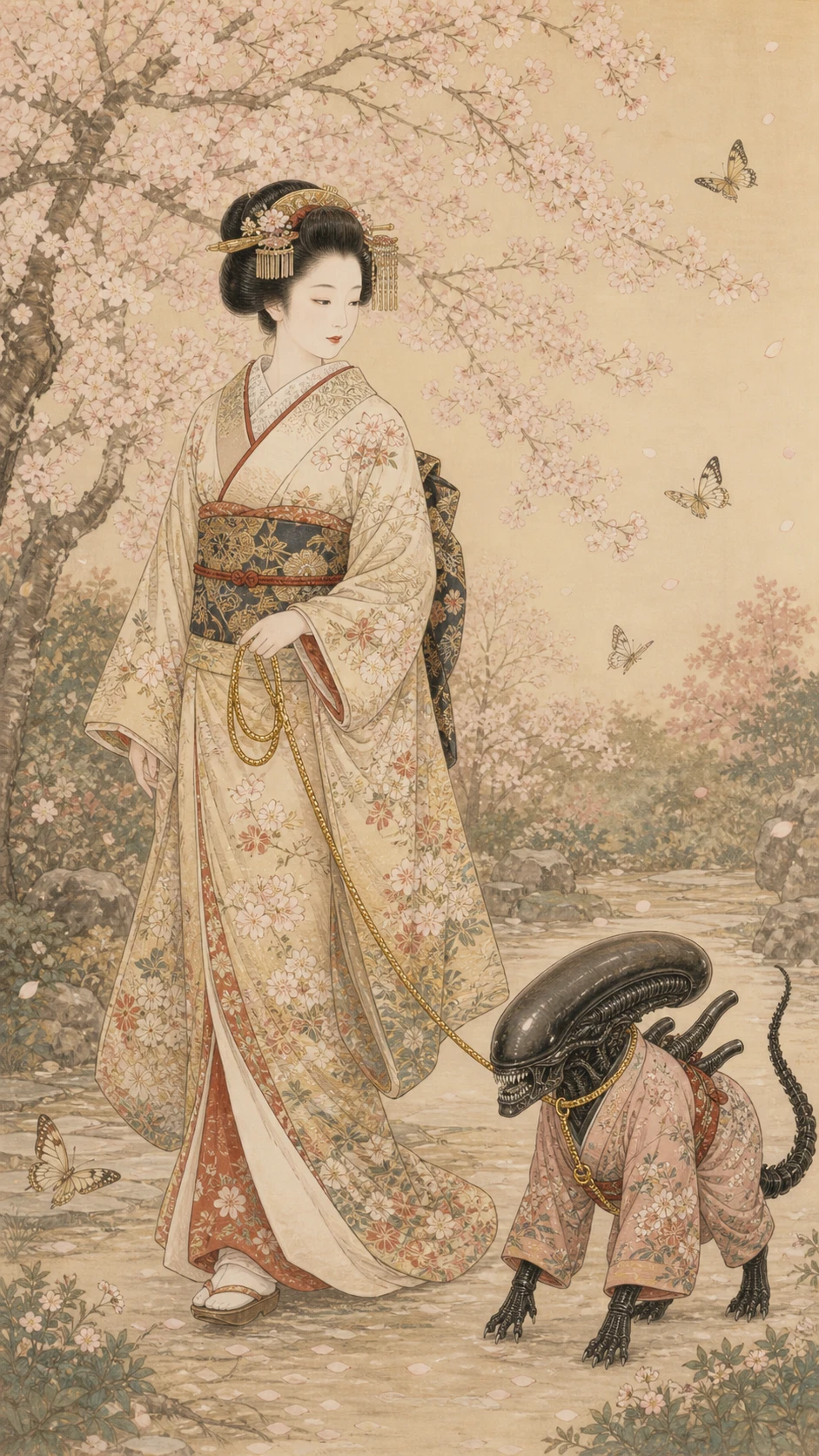 Elegant noblewoman strolling through a serene imperial garden