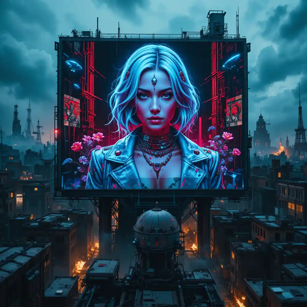 Cyberpunk woman mural on abandoned orbital space station