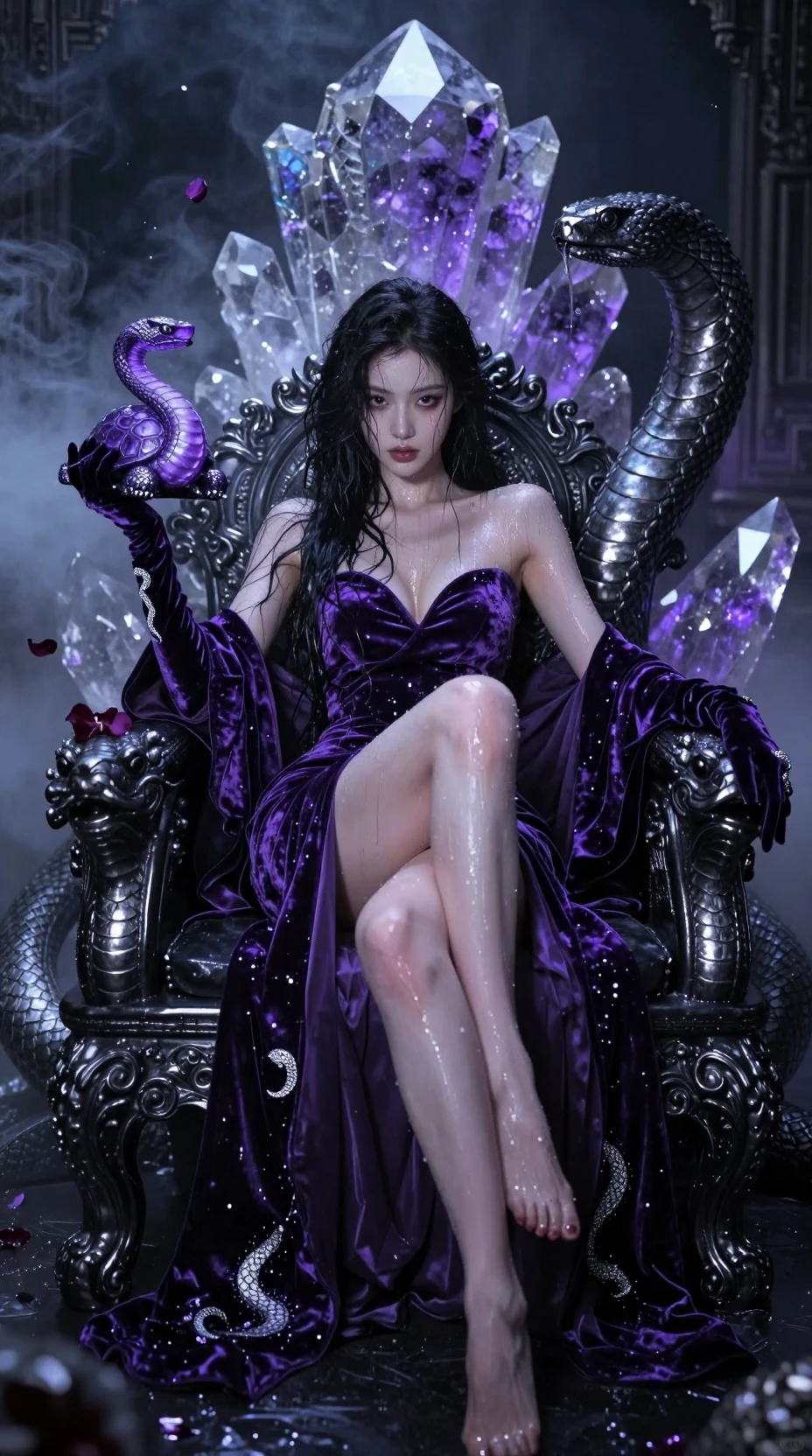 Regal fantasy woman on obsidian serpent throne in mist